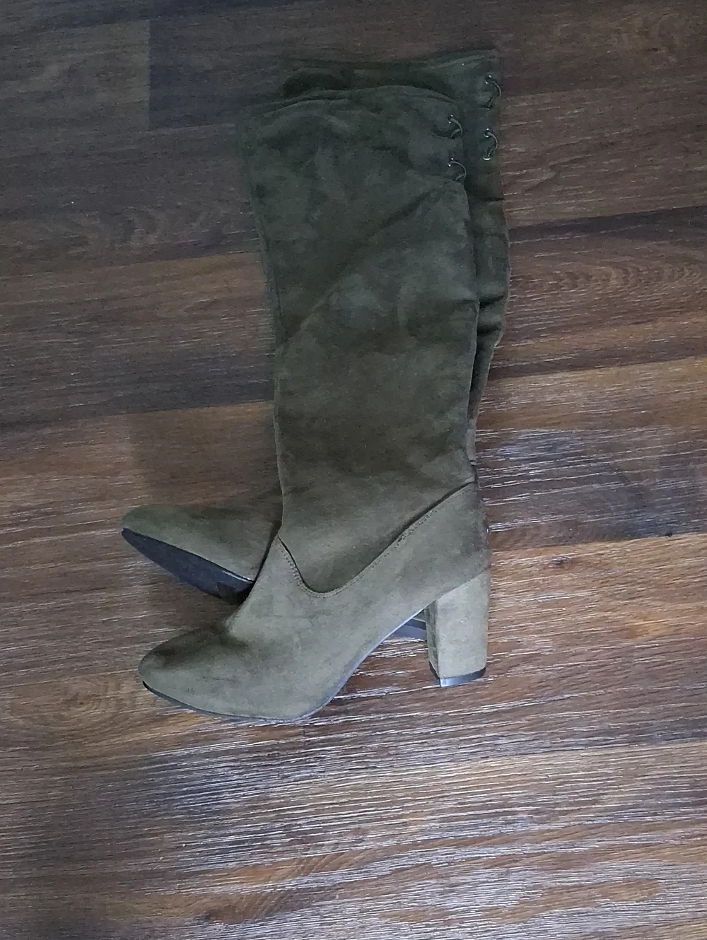 Women's Knee-High Block Heel Boots - Olive Suede